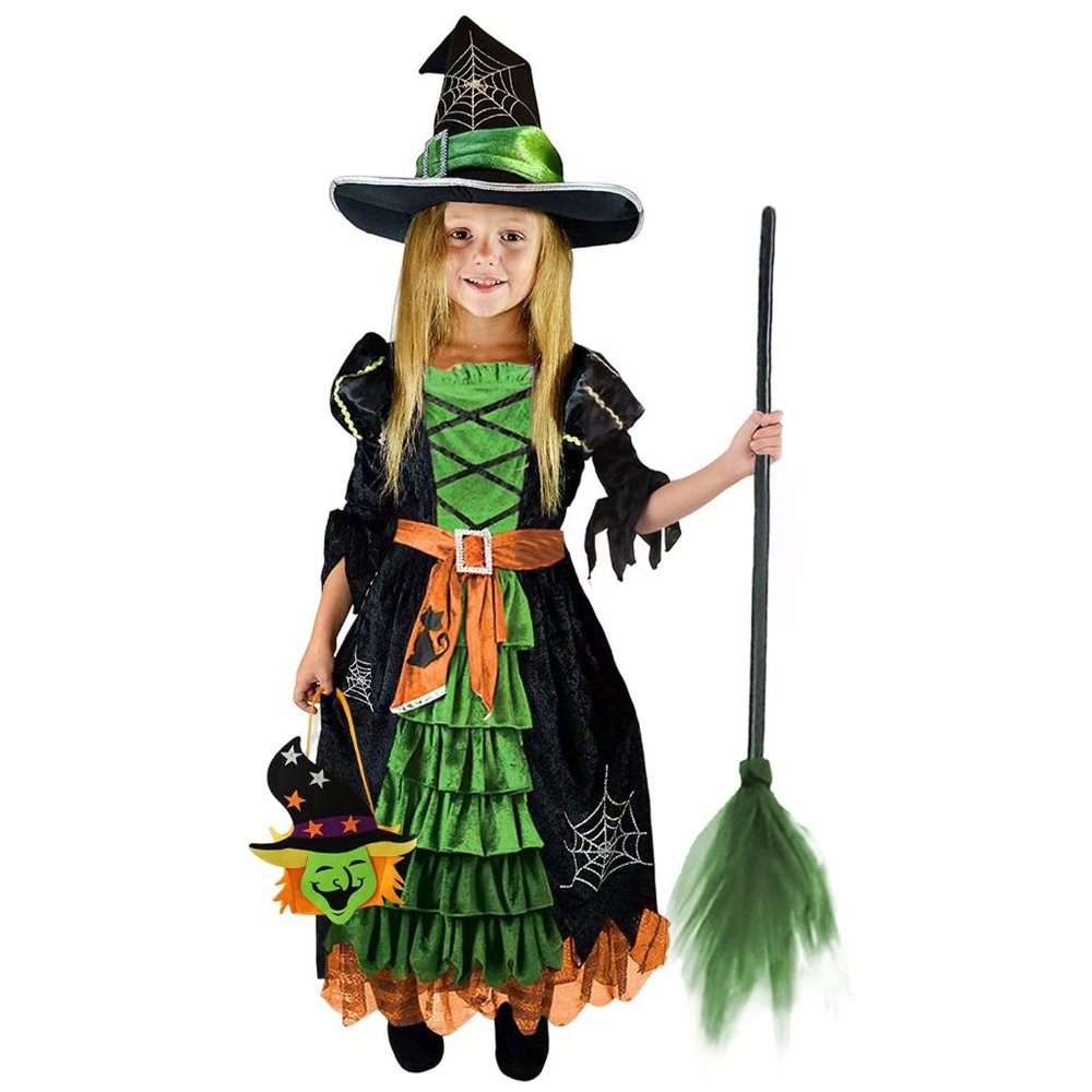 NEW - Girls Halloween Witch Costume Deluxe  Dress With Hat/Broomstick/Candy Bag
